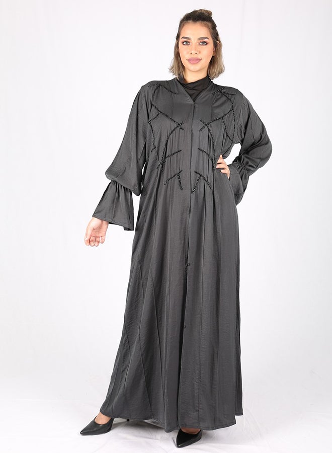 Embellished Elastic Sleeve Abaya Grey  - Image 1
