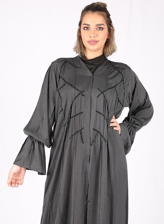 Embellished Elastic Sleeve Abaya Grey  - Image 3