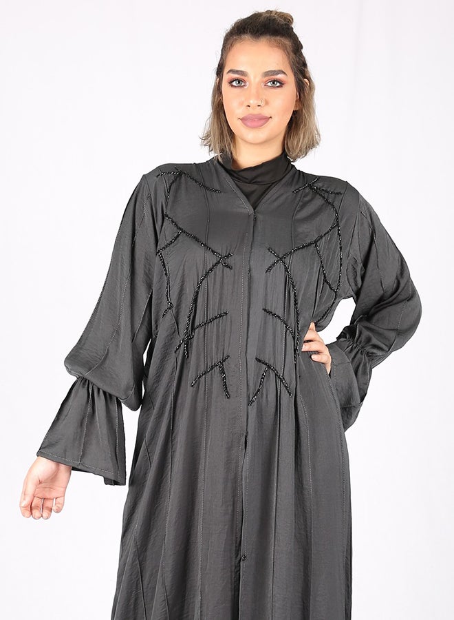 Embellished Elastic Sleeve Abaya Grey  - Image 3