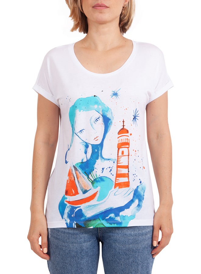 Biggdesign The Girl With Lighthouse Short Sleeve T-Shirt White/Blue/Red  - Image 1