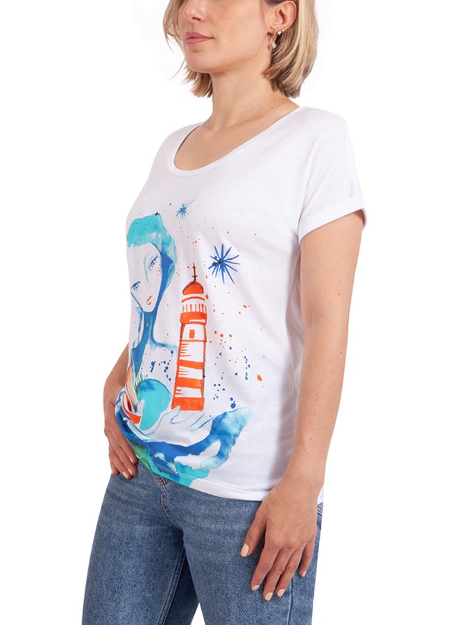 Biggdesign The Girl With Lighthouse Short Sleeve T-Shirt White/Blue/Red  - Image 4