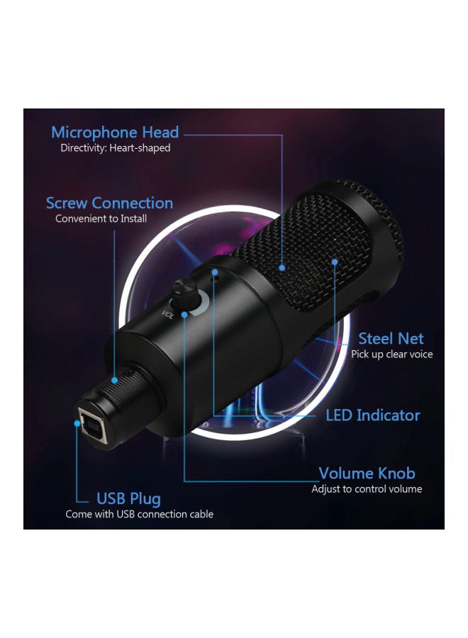 USB Condenser Microphone With Clip Stand And Tripod V7619 Black  - Image 5