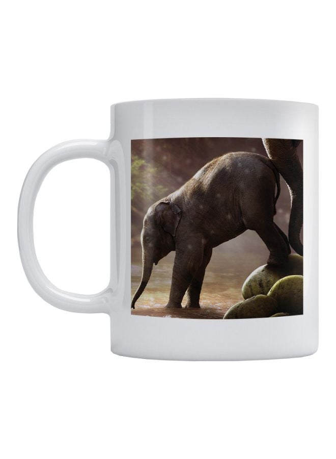 أتيك مج قهوة مطبوع عليه صورة فيل صغير أبيض/بني/أخضر