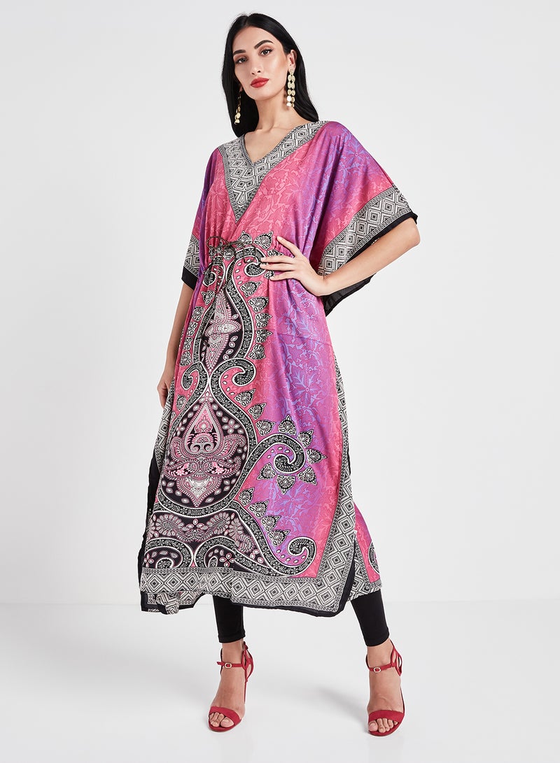 COUTURE BY RABIA Poncho Viscose Three Quarter Sleeves Kaftan Pink/Purple/Black - Image 1
