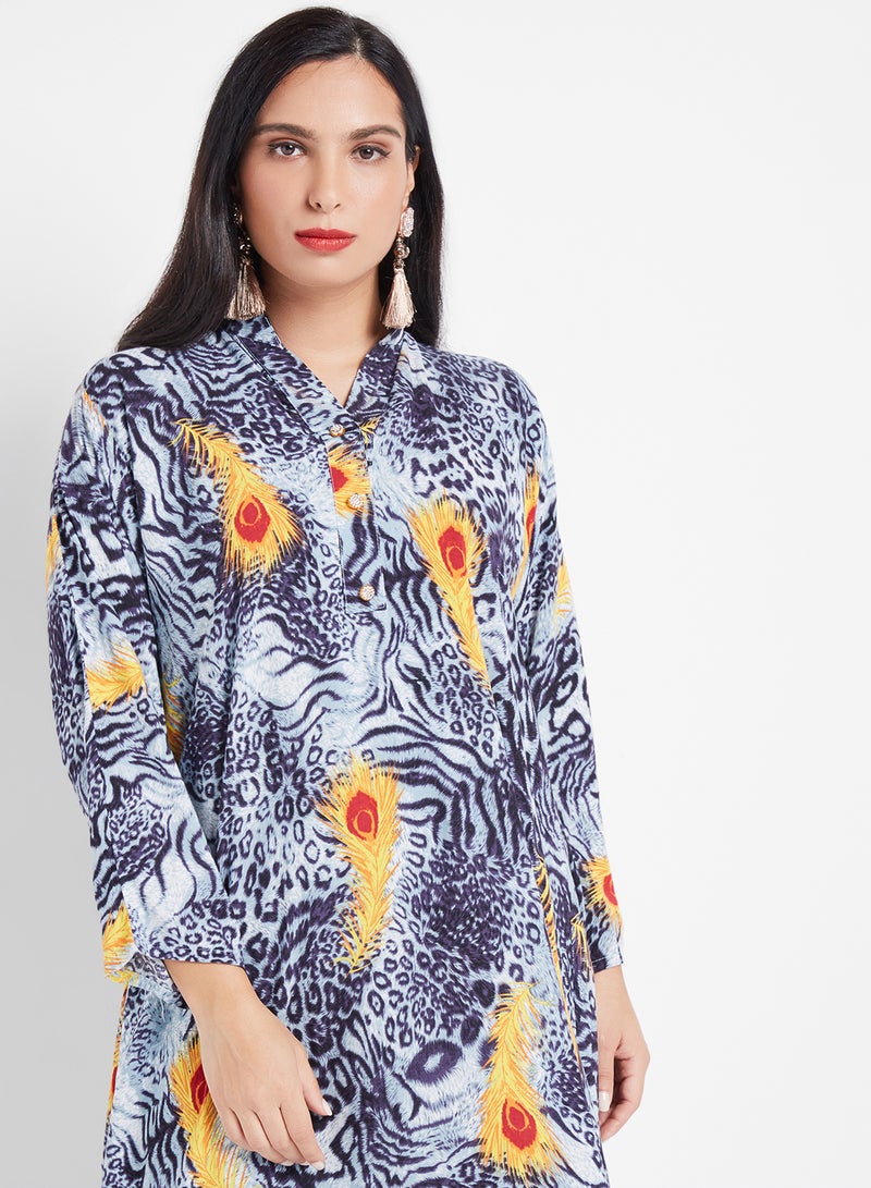COUTURE BY RABIA - Printed Cotton Long Sleeves Kurta Black/Red - Image 1
