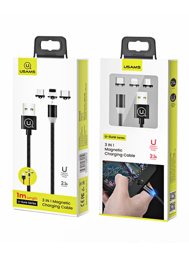 Usams 3-In-1 Magnetic Charging Cable Type-c Lightning And Micro USB Black - Image 3