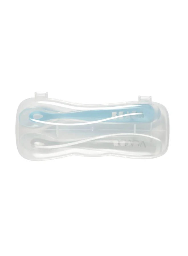 BEABA Pack of 2 - Baby Silicone Weaning Spoon 1St Stage With Carrying Case - Blue