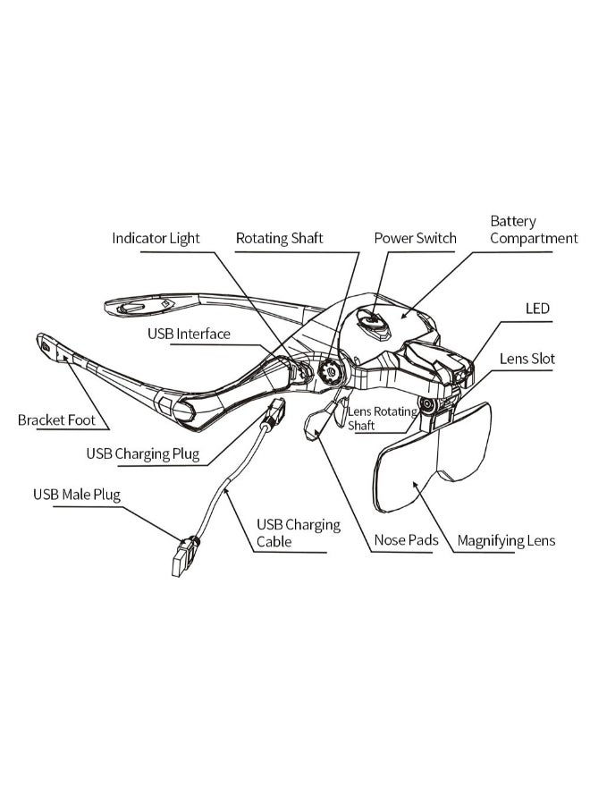 Adjustable Bracket Headband Glasses Magnifier Loupe With 2 LED Lights And USB Charge Goggles Black/White 21centimeter - Image 5