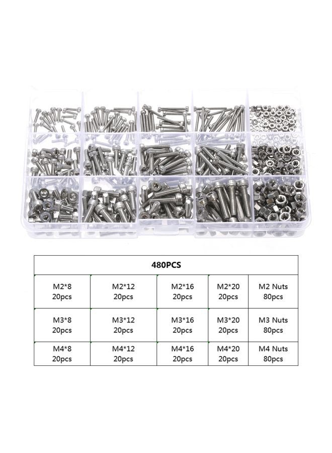 480-Piece Stainless Steel Socket Hexagon Screw And Nut Set Silver - Image 3