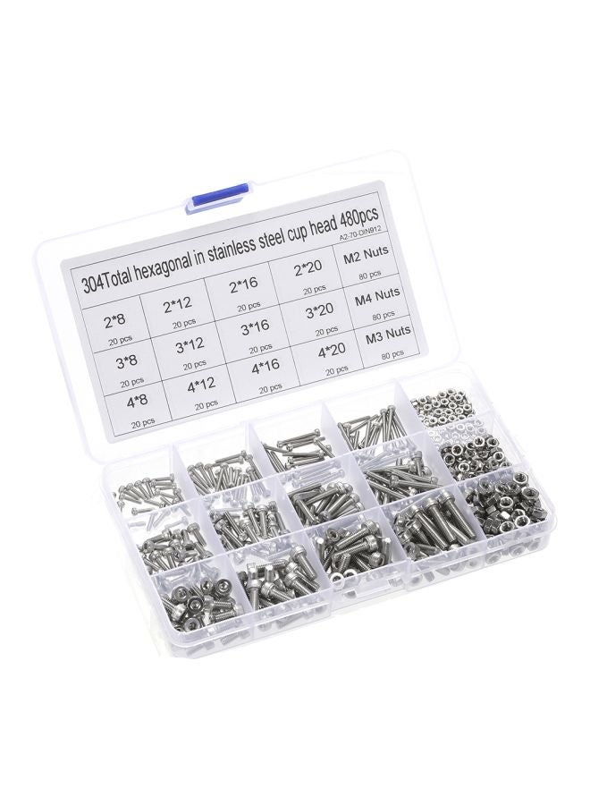 480-Piece Stainless Steel Socket Hexagon Screw And Nut Set Silver - Image 1