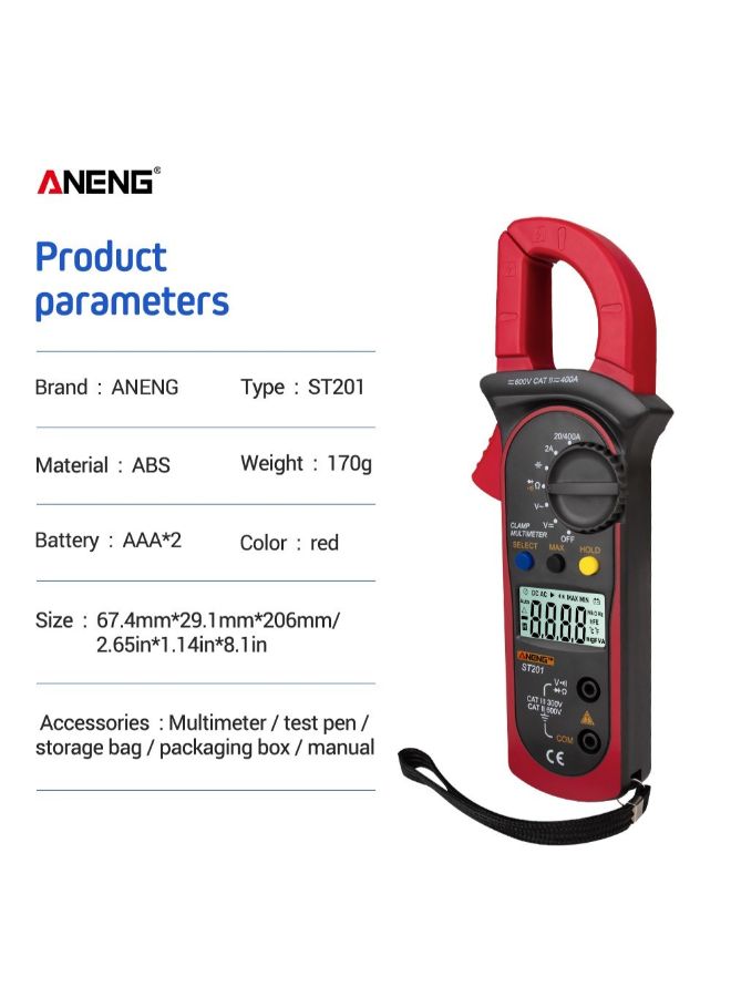 Generic Automatic Range True RMS Digital Multimeter Clamp Meter Red/Black 206 x 67.4 x 29.1mm  - Image 4