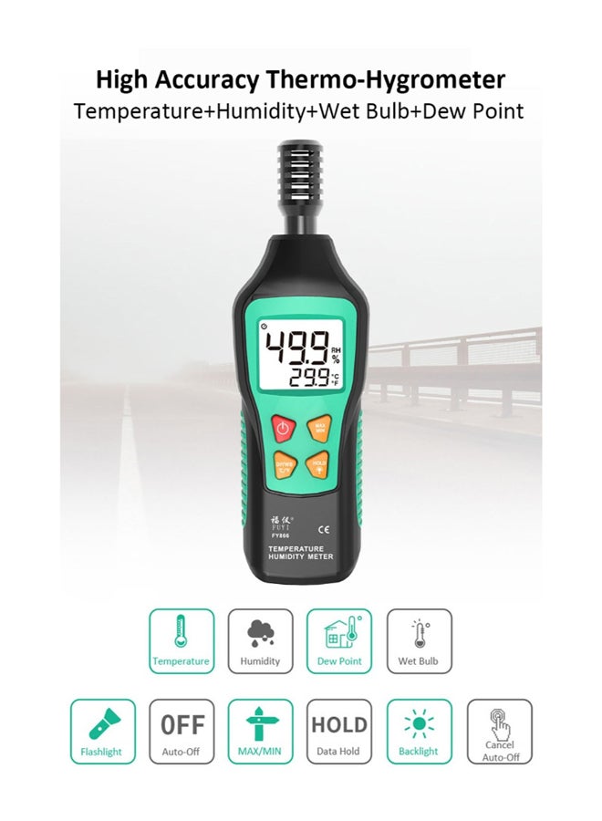 FUYI - Digital Temperature And Humidity Meter Black/Green 22.5cm - Image 1