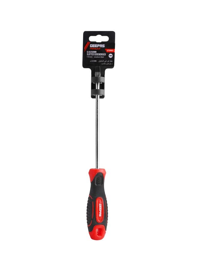 GEEPAS Precision Screwdriver - Slotted Screwdriver with Soft Grip Rubber Insulated Ergonomic Handle - CR-V Build, Magnetic Tip and Hanging Hole for Easy Carry - Bicolored - (SL 6.5x250mm) Silver/Black/Red  - Image 2