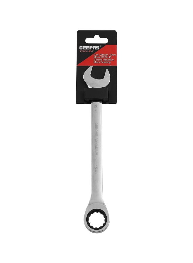 GEEPAS - 15mm Gear Wrench with Plastic Hanger - Part Ring/Open-Ended Spanner with Ratchet Function | CRV, Mirror Finish | Ideal for Mechanic, Plumbers, Carpenter, DIYers and More Silver - Image 1