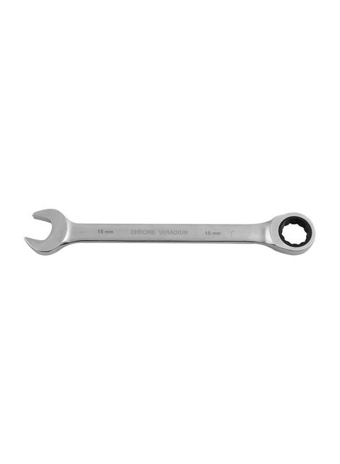 15mm Gear Wrench with Plastic Hanger - Part Ring/Open-Ended Spanner with Ratchet Function | CRV, Mirror Finish | Ideal for Mechanic, Plumbers, Carpenter, DIYers and More Silver