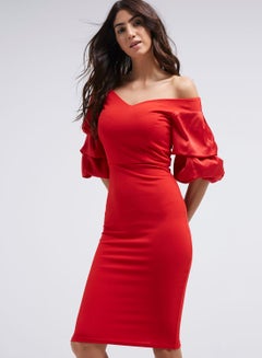 Off Shoulder Midi Dress Red