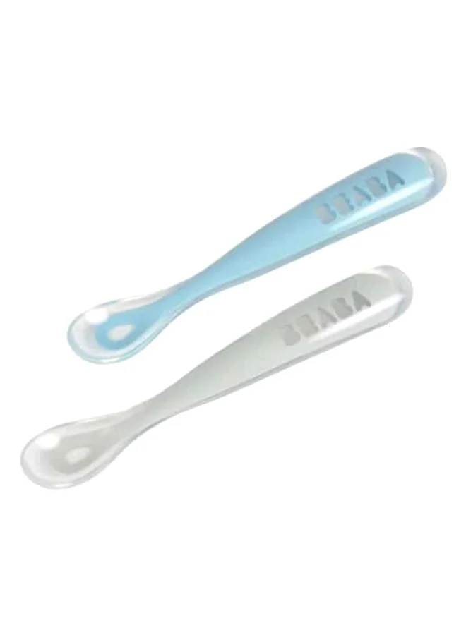 BEABA Pack of 2 - Baby Silicone Weaning Spoon 1St Stage With Carrying Case - Blue