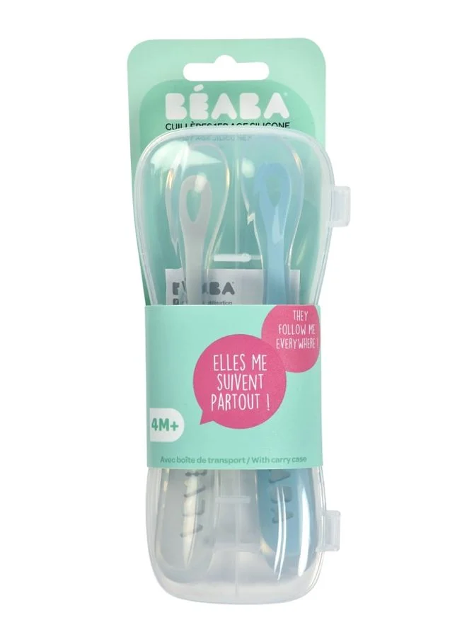 BEABA Pack of 2 - Baby Silicone Weaning Spoon 1St Stage With Carrying Case - Blue