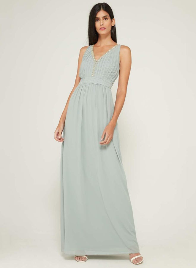 Sallie Pleated V Neck Dress Grey