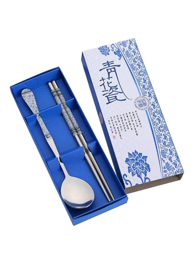 طقم ملاعق وعيدان تناول الطعام من الستانلس ستيل مكون من 3 قطع أزرق / فضي 1 Spoon 7.2x20x2, 2 Chopsticks 9.8x21.2x2.8سم 