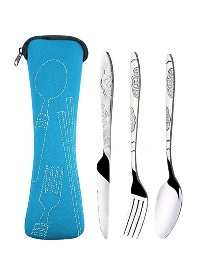 3-Piece Stainless Steel Cutlery Set With Storage Bag Silver/Blue - Image 1