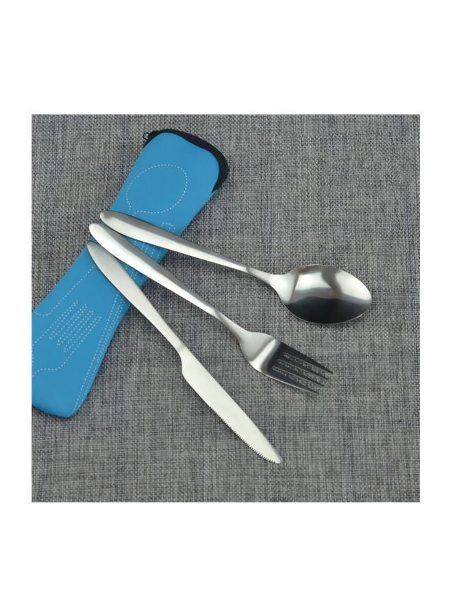 3-Piece Stainless Steel Cutlery Set With Storage Bag Silver/Blue - Image 2