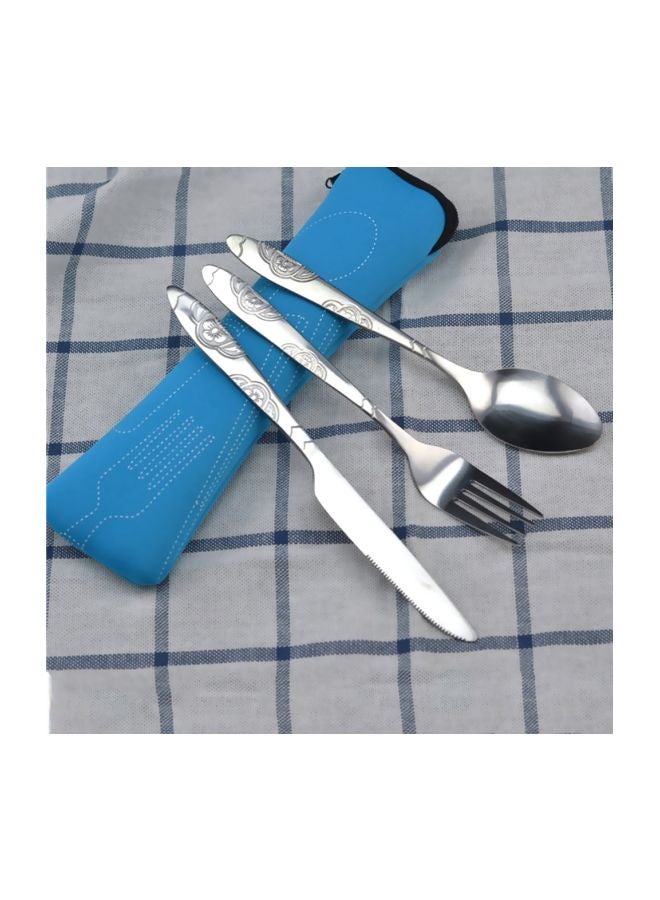 3-Piece Stainless Steel Cutlery Set With Storage Bag Silver/Blue - Image 3