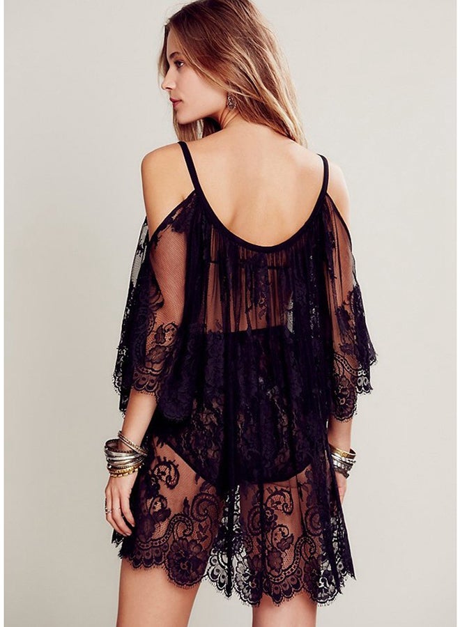 جوي شيك رداء يغطي لباس البيكيني من الدانتيل بأكتاف مكشوفة أسود - Image 2