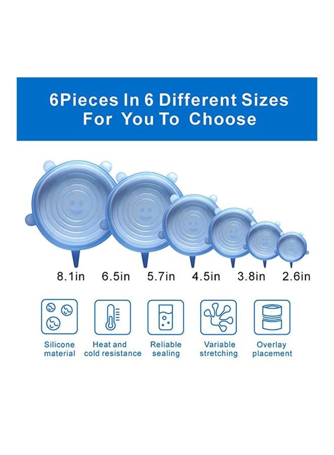 6-Piece Silicone Stretchable Lids Blue Extra Large Lid 8.1, Medium Large Lid 6.5, Large Lid 5.7, Small Lid 4.5, Medium Small Lid 3.8, Extra Small Lid 2.6inch