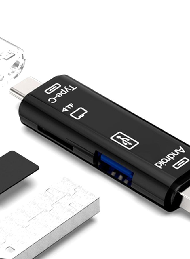 قارئ بطاقات 5 في 1 بمنفذ مايكرو USB Type-C OTG أسود/فضي