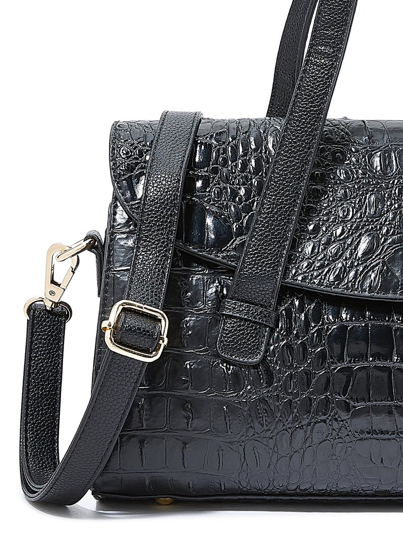 Arcad - Crocskin Effect Satchel Bag Black - Image 1