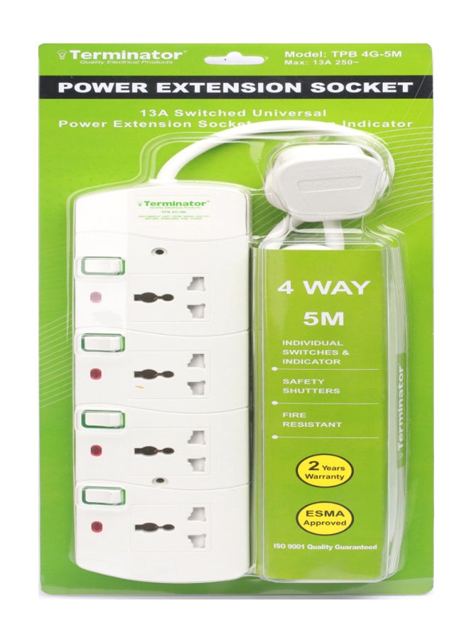 Terminator - 4-Way Universal Power Extension Socket White 5meter - Image 1