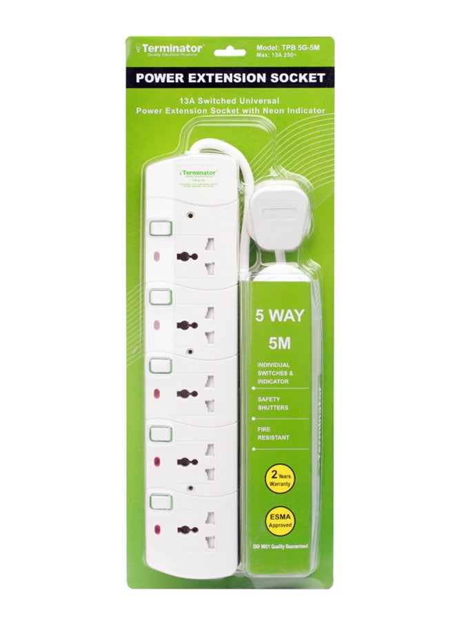 Terminator 5-Way Universal Power Extension Socket White 5meter  - Image 2