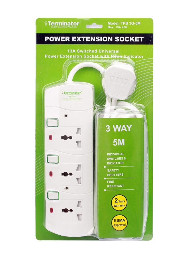 Terminator 3-Way Universal Power Extension Socket White 5meter  - Image 2