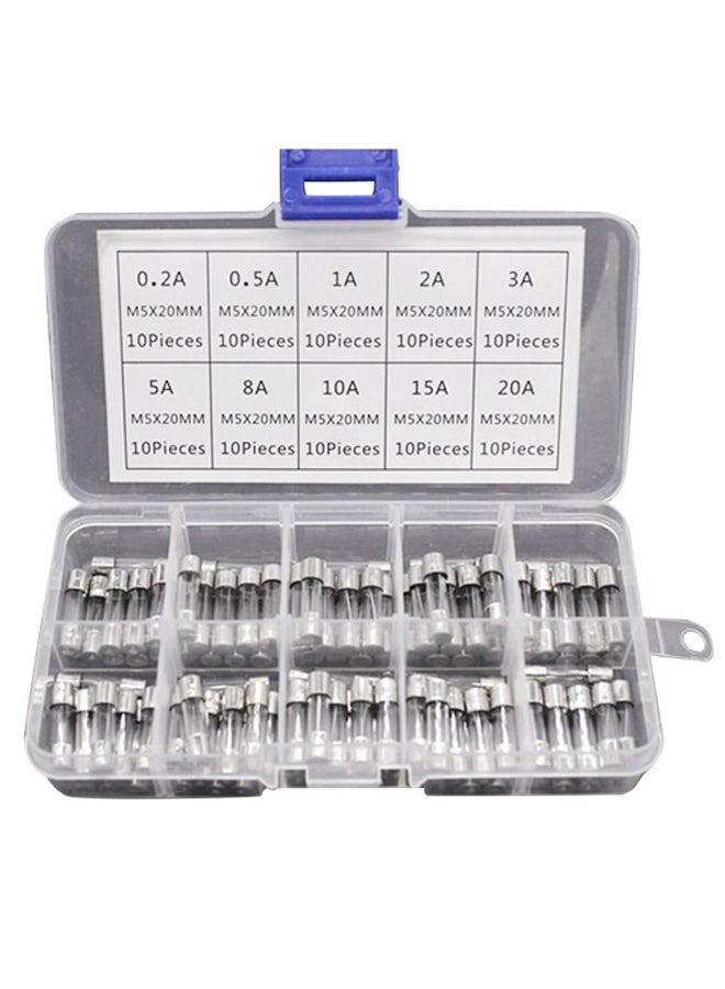 100-Piece Fast Blow Glass Fuse Set Silver/Clear 5 x 20mm - Image 1
