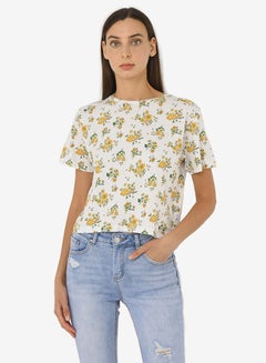 R&B Graphic Printed Crop T-Shirt With Round Neck Short Sleeves Ivory  - Image 1