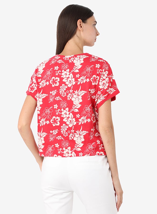 Printed Round Neck T-Shirt With Short Sleeves And Front Knot Styling Red/White - v1593516955/N38947620V_2