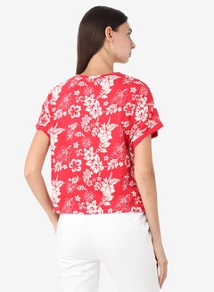 R&B Printed Round Neck T-Shirt With Short Sleeves And Front Knot Styling Red/White  - Image 2