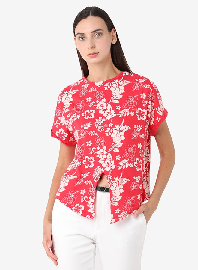 Printed Round Neck T-Shirt With Short Sleeves And Front Knot Styling Red/White - v1593516956/N38947620V_1