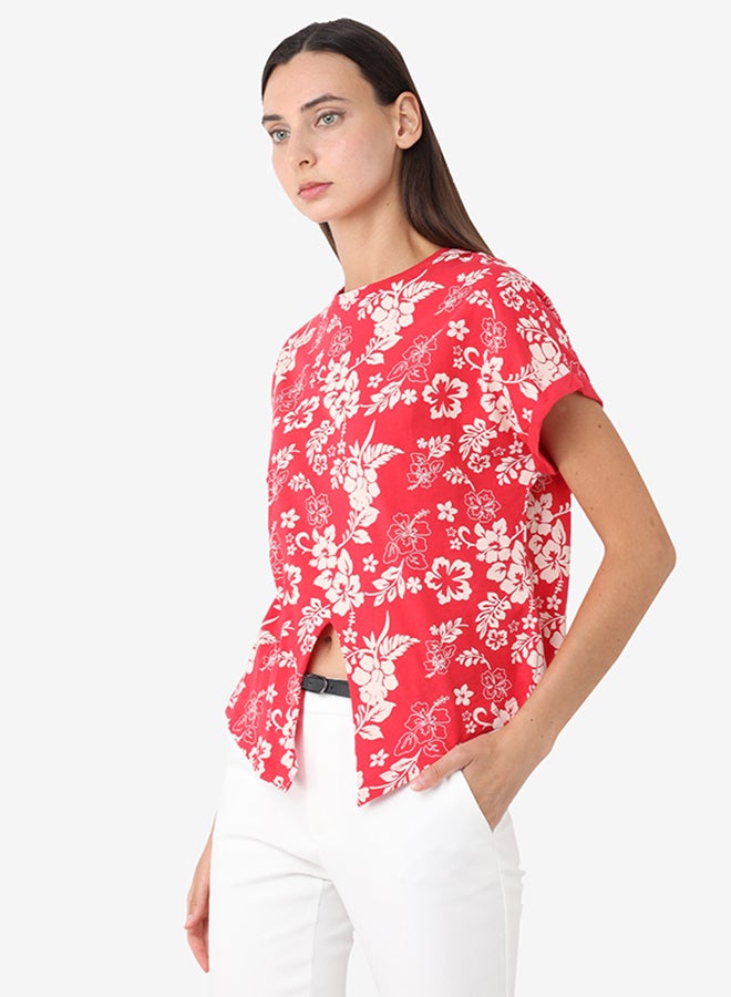 Printed Round Neck T-Shirt With Short Sleeves And Front Knot Styling Red/White - v1593516956/N38947620V_3