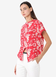 R&B Printed Round Neck T-Shirt With Short Sleeves And Front Knot Styling Red/White  - Image 3
