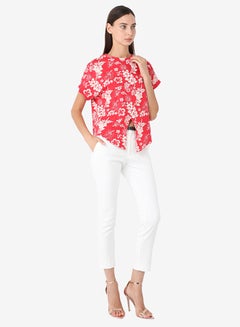 R&B Printed Round Neck T-Shirt With Short Sleeves And Front Knot Styling Red/White  - Image 4