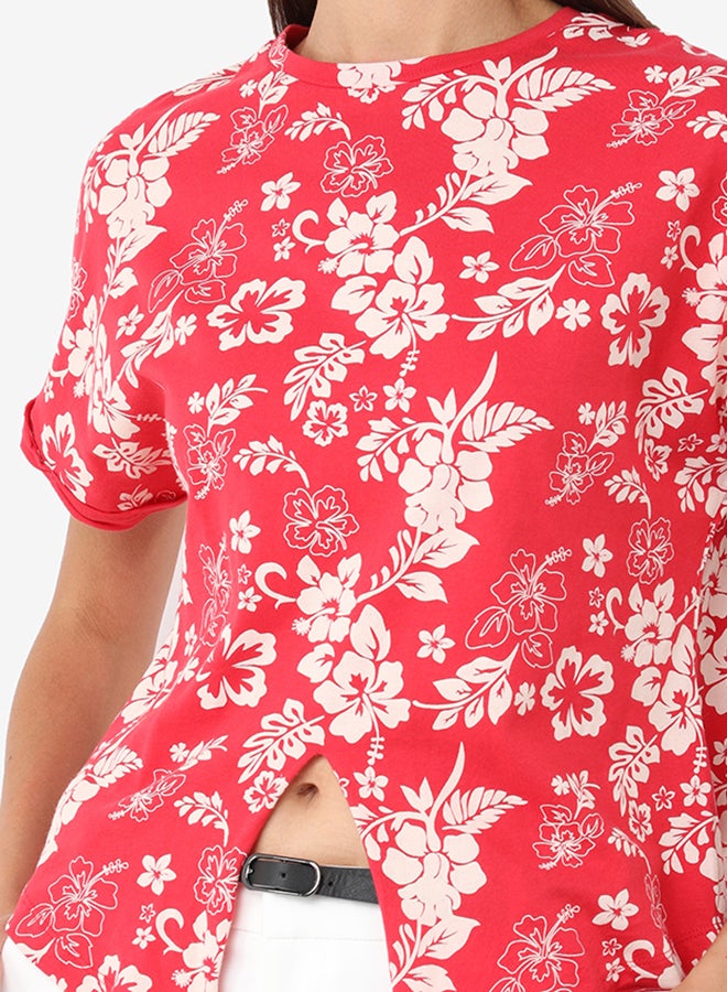 Printed Round Neck T-Shirt With Short Sleeves And Front Knot Styling Red/White - v1593516956/N38947620V_5