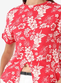R&B Printed Round Neck T-Shirt With Short Sleeves And Front Knot Styling Red/White  - Image 5