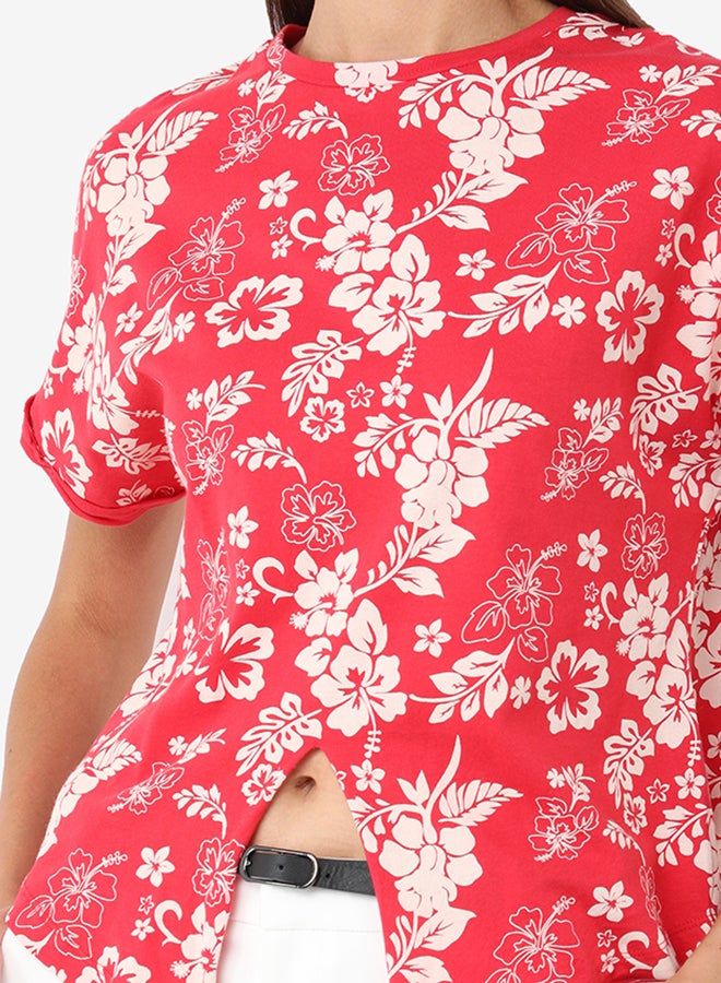 R&B Printed Round Neck T-Shirt With Short Sleeves And Front Knot Styling Red/White  - Image 5