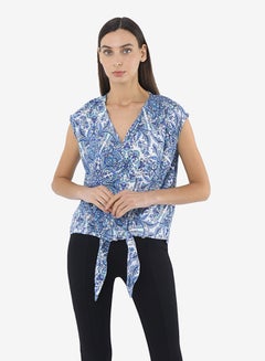 R&B Printed V-Neck Top With Extended Sleeves And Front Knot Detail Blue  - Image 1
