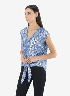 R&B Printed V-Neck Top With Extended Sleeves And Front Knot Detail Blue  - Image 3