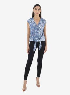 R&B Printed V-Neck Top With Extended Sleeves And Front Knot Detail Blue  - Image 4