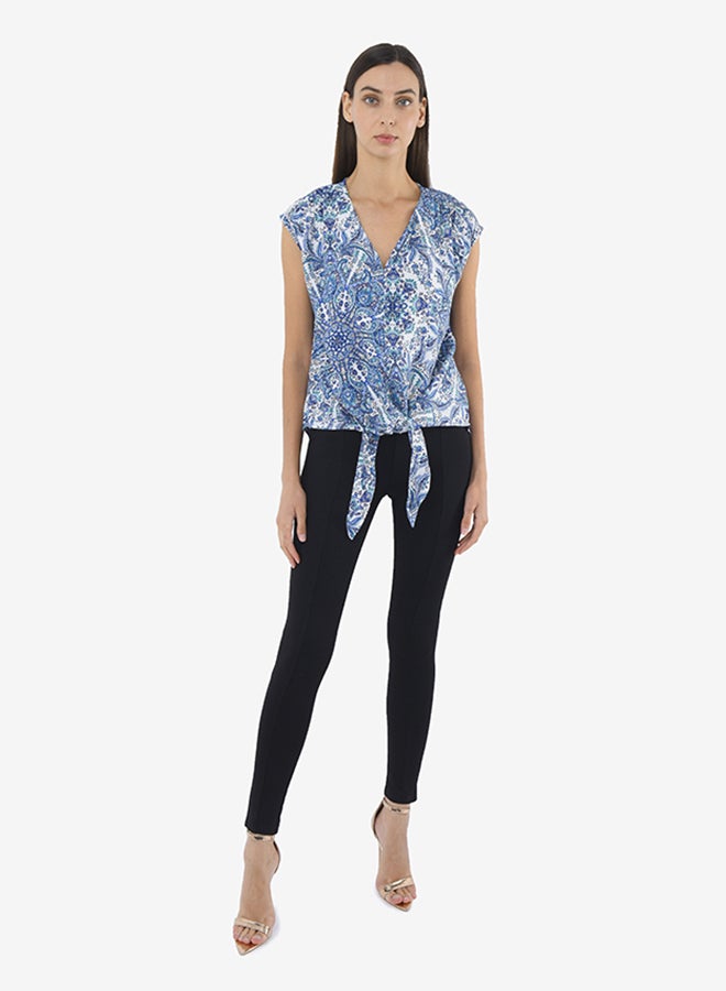 R&B - Printed V-Neck Top With Extended Sleeves And Front Knot Detail Blue - Image 1