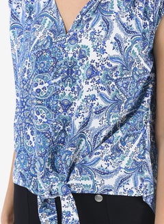 R&B Printed V-Neck Top With Extended Sleeves And Front Knot Detail Blue  - Image 5